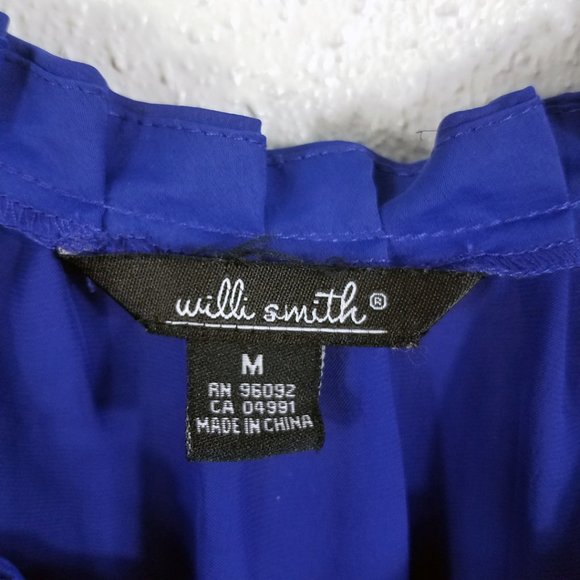 Willi Smith Women's Royal Blue Elastic Waist Tie Neck Medium Shirt Top Blouse - Picture 13 of 13
